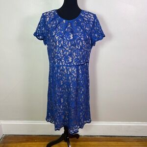 Adrianna Papell Royal Blue Floral Lace Short Sleeve Cocktail Dress, Size 16